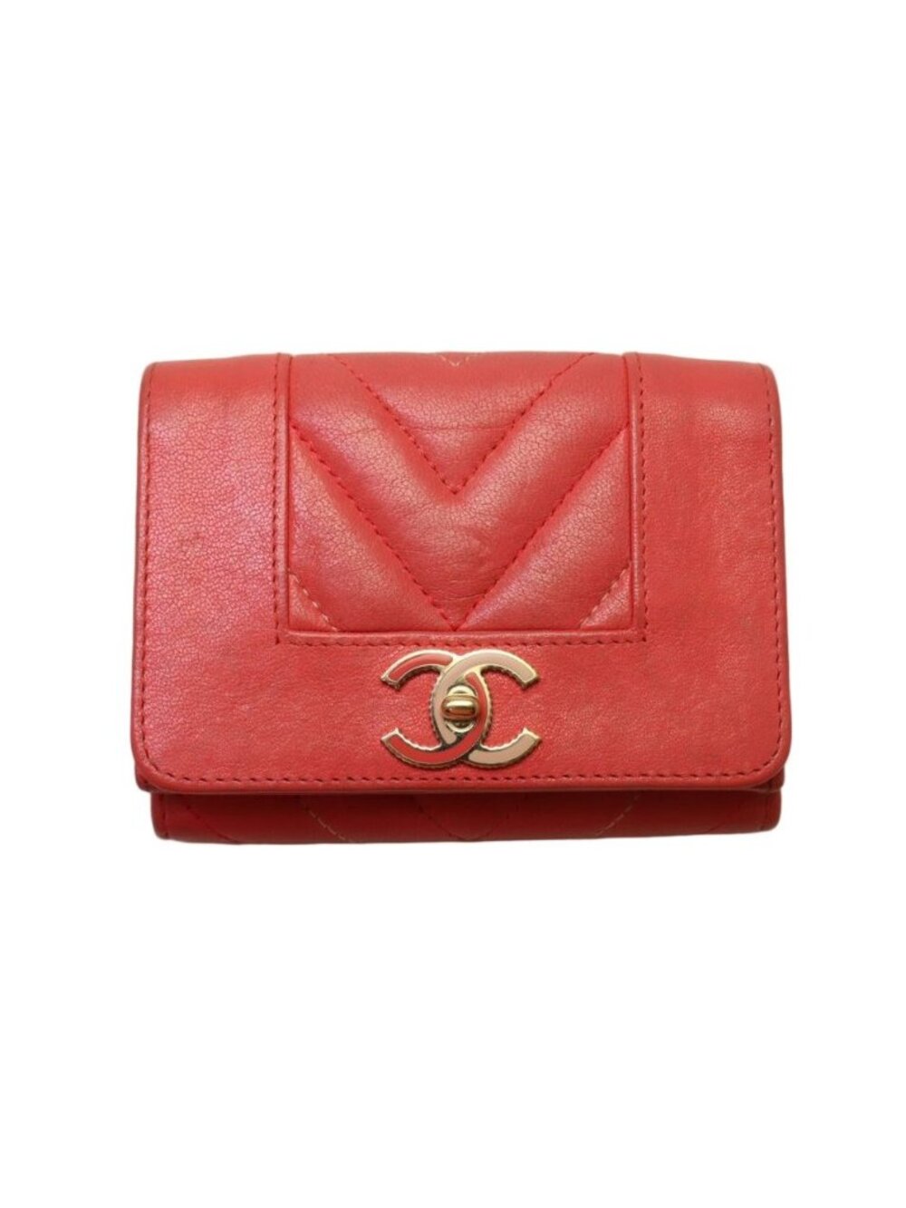 Chanel Mademoiselle Stitch Leather Pink Trifold Wallet